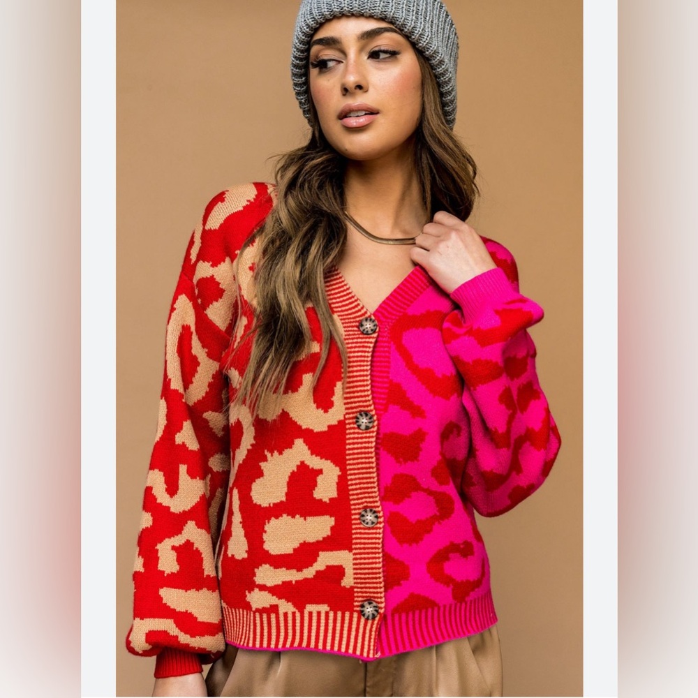 VICI Wild Heart Half and Half Leopard Red Pink Cardigan Medium